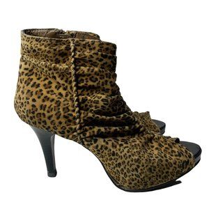 City Streets Leopard Print Peep Toe Booties 7.5 Ankle Boots Side Zip High Heels